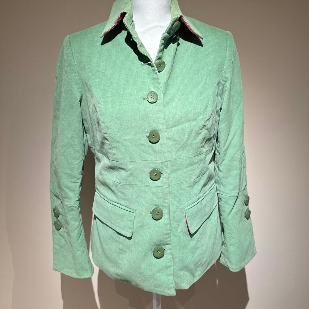 Andrea Becker Corduroy‎ Green Blazer Jacket Pink Lining Size 8